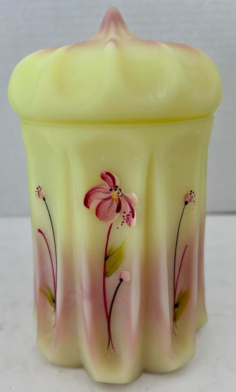 Fenton Burmese Floral Satin Glass Uranium Persian Tent Box 6" Painted J Powell